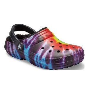 Black Rainbow Tie Dye Fur Lined Crocs